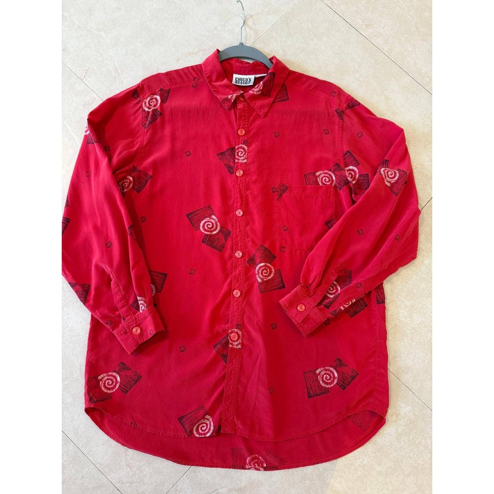 Vtg Chico's Design 100% Silk Red Button Up Shirt Swirl Abstract Print Sz 2 (L)